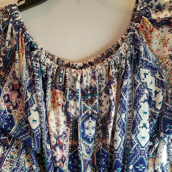KAS Designs Off- the -Shoulder Top Blue White Multi Blouse Ruffle BuffoonSleeves - Picture 3 of 10